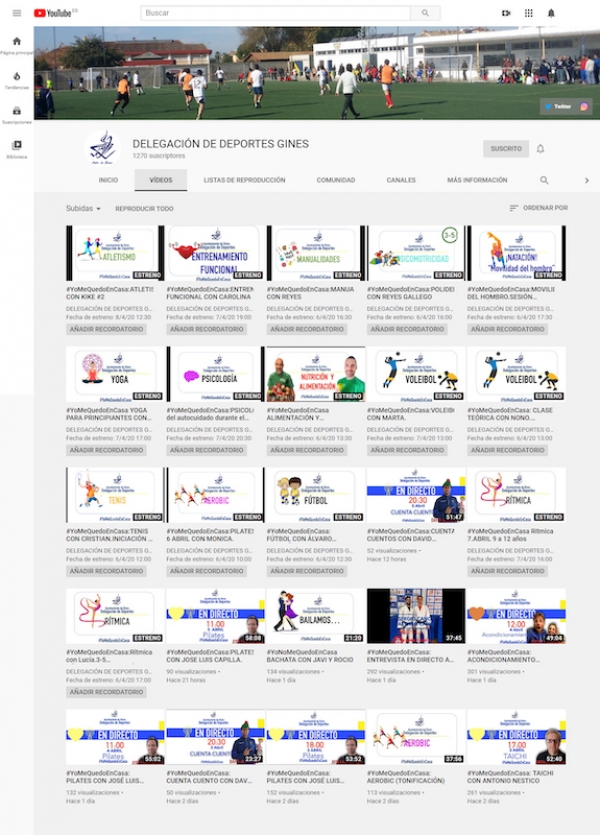 El Ayuntamiento de Gines  impulsa la actividad f&iacute;sica en  casa a trav&eacute;s del canal de  YouTube de delegaci&oacute;n de Deportes