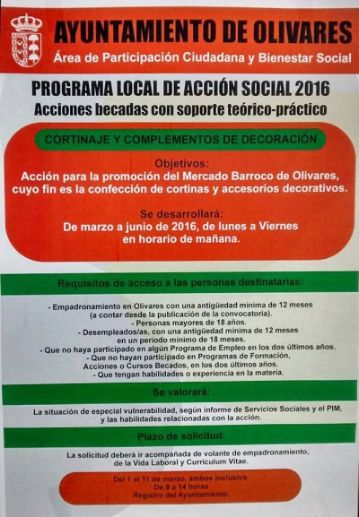 El ayuntamiento de Olivares abre el plazo de inscripci&oacute;n para la acci&oacute;n social becada de "Cortinaje y complementos de decoraci&oacute;n"