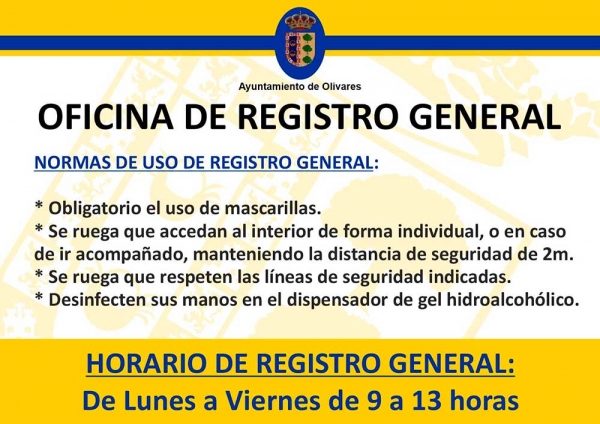 El Ayuntamiento de Olivares abre el registro general a la atenci&oacute;n presencial con limitaciones