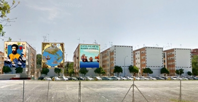 Empiezan los trabajos del primer mural del proyecto ideado por la artista Alexandra del Bene en la sevillana calle Tarfia